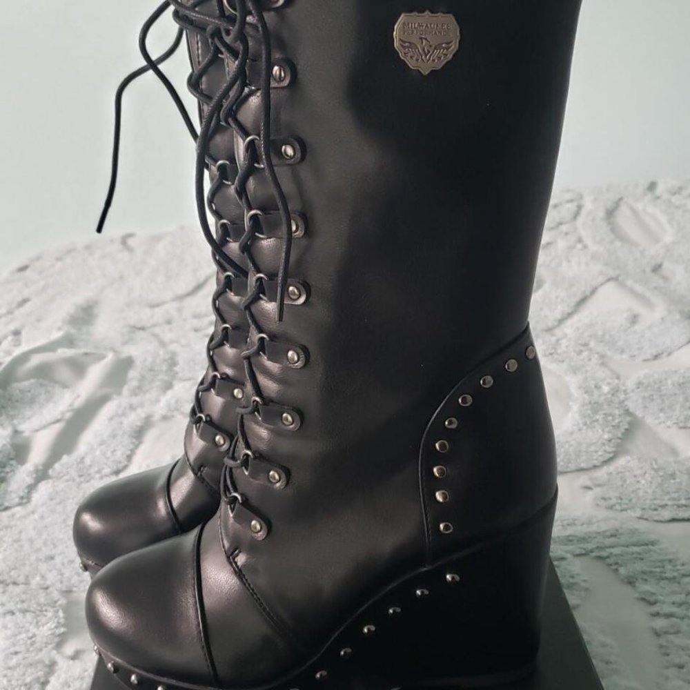 Milwaukee Leather MBL9438 Women's Black Lace-Up Boots with Platform Wedge sz 10